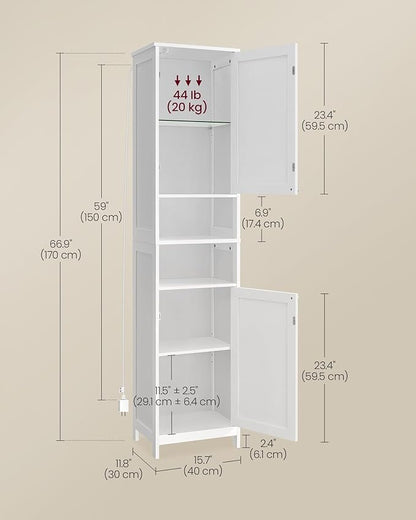 VASAGLE Tall Bathroom Cabinet with Lights, Slim Freestanding Bathroom Storage Cabinet with Adjustable Shelves, for Small Spaces, Modern, 15.7 Inches Wide, Cloud White UBBC766W02