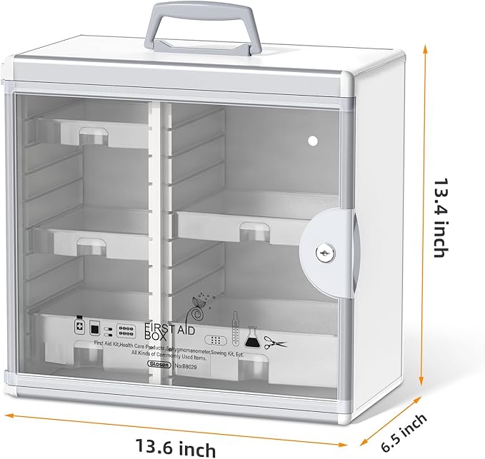 Glosen Medicine Cabinet Locking Medicine Cabinet Wall Mounted【 Silver 13.6 x 13.4 x 6.5 Inch 】 Portable Storage Container Big Capacity