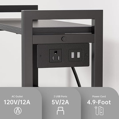 Printer Stand with Charging Station, 4-Tier Printer Stand with Storage, Large Tall Printer Table with Wheels for Home Office, Kitchen, Living Room, PrinterCart Beside Desk for Printer, Scanner Black