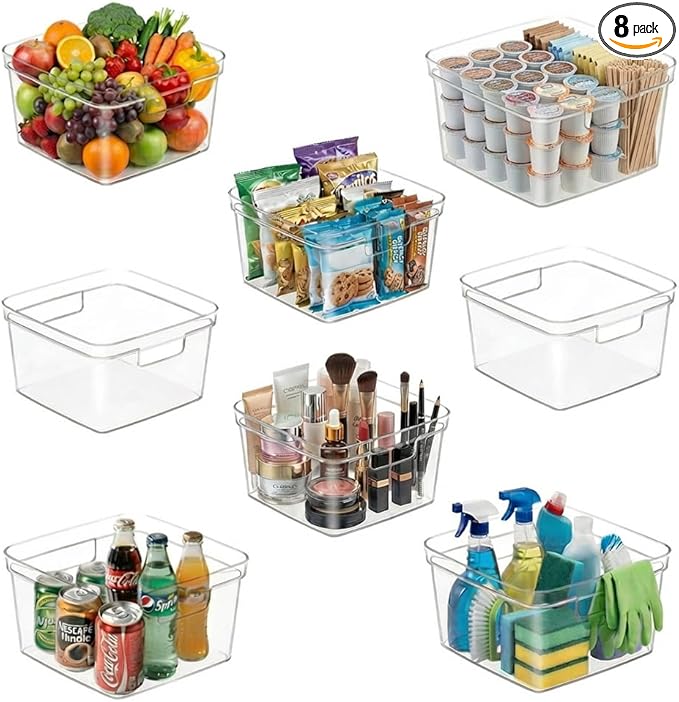 MOONEDGE 8-Pack Clear Plastic Storage Bins — Open-Top PET Containers and Organizers, 10" x 10" x 6" Storage Boxes for Pantry, Garage, Under-Shelf and Multi-Purpose Home Organization