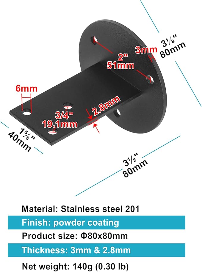 8 Pack Black Stair Handrail Bracket for Square Wood Railing, Wall Mount Flat Support, Stainless Steel, 2" Projection