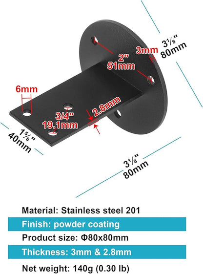 8 Pack Black Stair Handrail Bracket for Square Wood Railing, Wall Mount Flat Support, Stainless Steel, 2" Projection