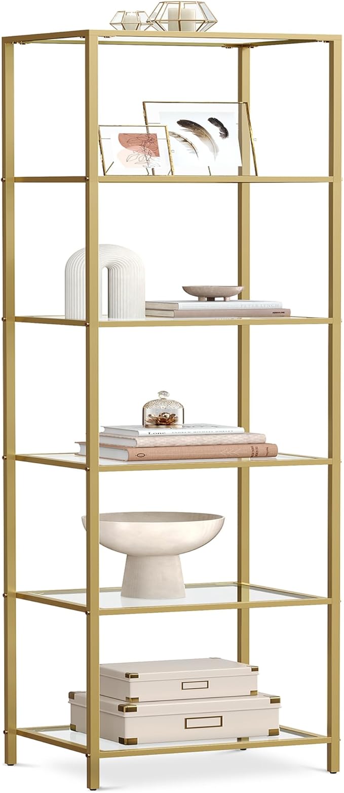 VASAGLE Bookcase, 6-Tier Bookshelf, Slim Shelving Unit for Bedroom, Bathroom, Home Office, Tempered Glass, Steel Frame, Metallic Gold ULGT500A01