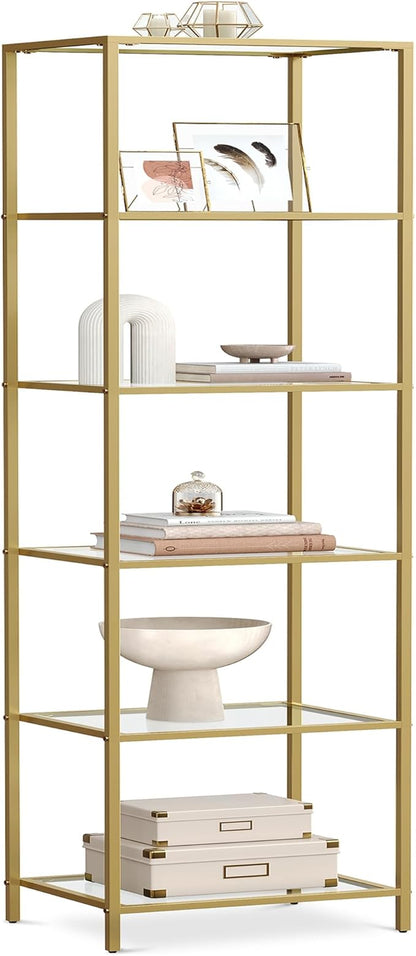 VASAGLE Bookcase, 6-Tier Bookshelf, Slim Shelving Unit for Bedroom, Bathroom, Home Office, Tempered Glass, Steel Frame, Metallic Gold ULGT500A01