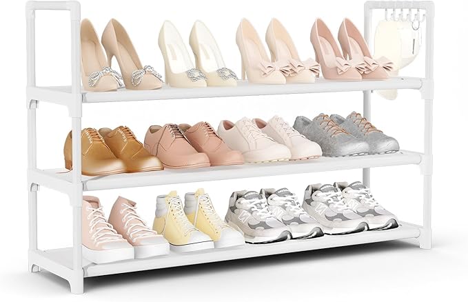 Shoe Rack for Closet Shoe Organizer Space Saver Storage for 12-15 Pair Shoe Shelf with Hook Free Standing 3 Tier Shoe Rack Organizer for Entryway, Small Spaces, White