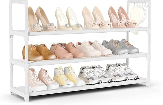 Shoe Rack for Closet Shoe Organizer Space Saver Storage for 12-15 Pair Shoe Shelf with Hook Free Standing 3 Tier Shoe Rack Organizer for Entryway, Small Spaces, White