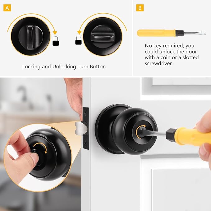 Probrico Black Door Knob 7 Pack, Interior Bedroom Doorknob with Lock, Keyless Door Handles with Inside Privacy Locking Function, Colonial Ball Knob, Universible Levers