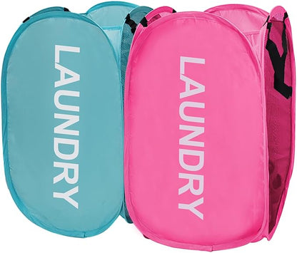 Collapsible Laundry Hamper 2 pack Mesh Pop Up Laundry Hamper with Handles, Foldable Laundry Basket for Bedroom, College Dorm, RV, Travel (Pink + Sky Blue)