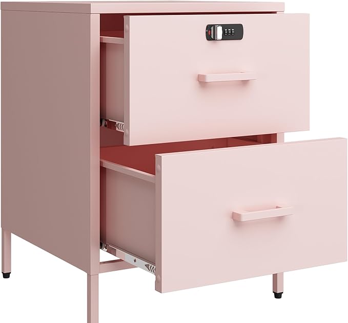2 Drawer End Side Table with Lock Metal Nightstand, Lockable Storage Cabinet Kids Cabinet for Living Room, Bedroom, Dorm, 21.26”H X 15.75”W X 15.75”D (2 Drawer, Pink)