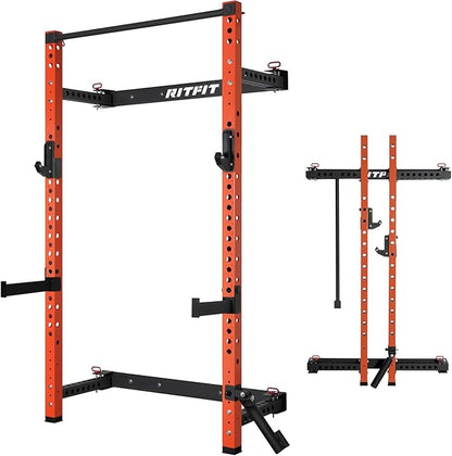 RitFit 2.36'' x 2.36'' Folding Squat Rack for Home Gym, Wall Mounted Squat Rack with Attachments - Space Saving Squat Power Rack