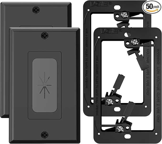 VCELINK Wall Plate Cable Pass Through with Mounting Bracket, Single Gang Black Flexible Rubber Opening Cable Outlet Cover for Low Voltage Cables, Wall Mount TV, Home Theater System, 2-Pack