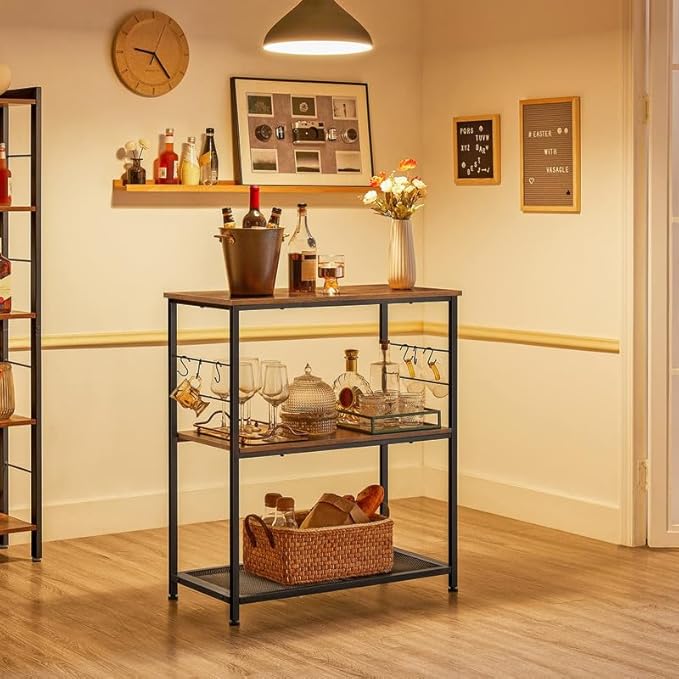 VASAGLE Bakers Rack, Kitchen Shelf, Kitchen Island, Microwave Oven Stand with 3 Open Shelves, 6 Hooks, Metal Frame, 15.7 x 31.5 x 35.4 Inches, Industrial, Rustic Brown and Black UKKI002B01
