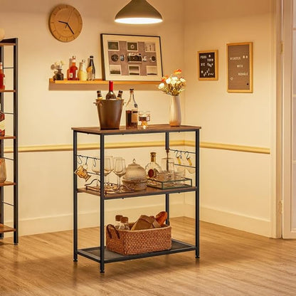VASAGLE Bakers Rack, Kitchen Shelf, Kitchen Island, Microwave Oven Stand with 3 Open Shelves, 6 Hooks, Metal Frame, 15.7 x 31.5 x 35.4 Inches, Industrial, Rustic Brown and Black UKKI002B01