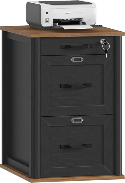3 Drawer File Cabinet with Lock, Wooden Farmhouse Filing Cabinet with Storage Fits Letter and A4 Size, Vertical Printer Stand for Home Office, Rustic Brown and Black