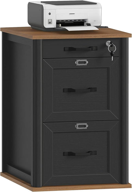 3 Drawer File Cabinet with Lock, Wooden Farmhouse Filing Cabinet with Storage Fits Letter and A4 Size, Vertical Printer Stand for Home Office, Rustic Brown and Black