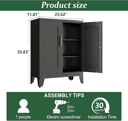 Black Metal Storage Cabinet, 36" Tall Locking Storage Cabinet with 2 Adjustable Shelves, Steel Locker Organizer, for Office, Home, School, 11.81" D x 23.62" W x 35.83" H, 2PS