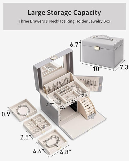 Vlando Jewelry Box Organizer for Girls Women, Large Baroque Jewelry Holder Organizer with Mirror, 3 Drawers for Bracelets, Earrings, Rings, Necklaces, Mothers Day Gifts for Loved One, Grey