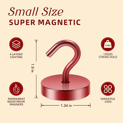 Neosmuk Magnetic Hooks, Cruise Ship Essentials, 130lb+ Heavy Duty Magnetic Hooks for Cruise Cabins, Refrigerator, Grill, Hanging, and Travel | Extra Strong Must-Haves Magnet Hook,Red