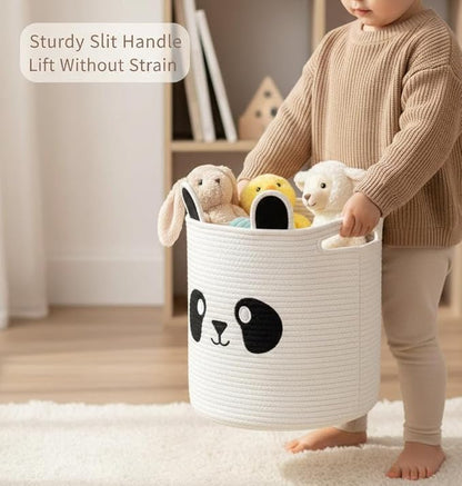 Collapsible Laundry Baskets for Kids & Toy Storage Organizer | Large Panda Woven Cotton Rope Bin for Stuffed Plushies | Cute Animal Face Hamper with Cutout Handles for Nursery, Playroom & more (Panda)