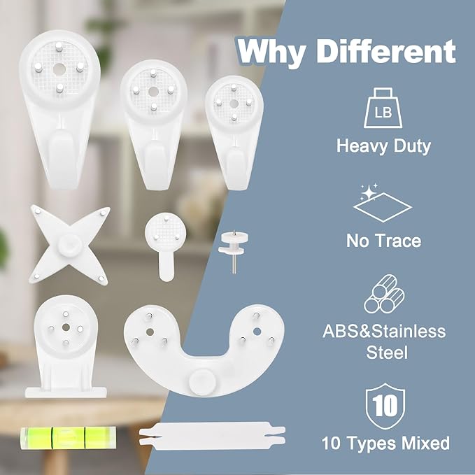 60 PCS Picture Hangers Hanging Kit, Heavy Duty Hooks for Stucco/Concrete/Hard Walls Without Drilling, Invisible Nail&25 LBS Weight Load
