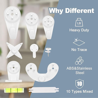 60 PCS Picture Hangers Hanging Kit, Heavy Duty Hooks for Stucco/Concrete/Hard Walls Without Drilling, Invisible Nail&25 LBS Weight Load
