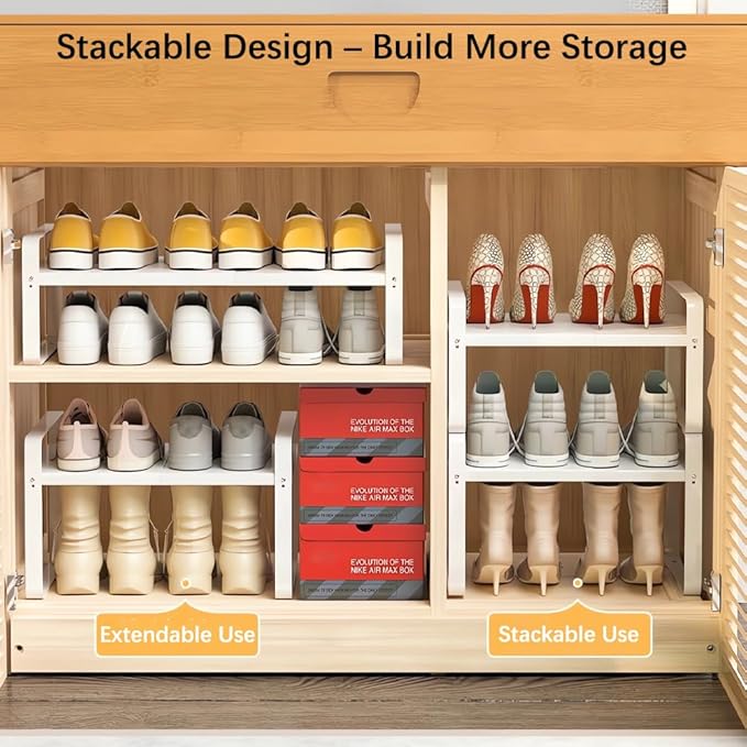 Expandable 1-Tier Metal Shoe Rack (H:10"), Adjustable Width 14.9"-23.6", Heavy-Duty Free-Standing Shoe Organizer for Closet, Entryway & Small Spaces – Single Pack
