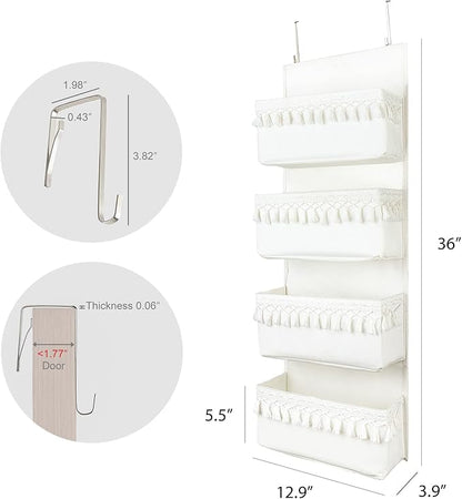Dahey Over The Door Organizer Boho Nursery Storage Decor Closet Hanging Organizer with Tassels Decoration for Bedroom Nursery Bathroom Apartments Dorm Pantry, 4 Pockets, White