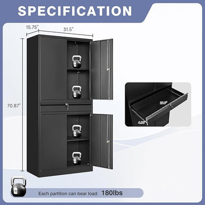 Metal Storage Cabinet with Drawer, Garage Storage Cabinet with Locking Doors and Adjustable Shelves for Garage, Home Office,Warehouse (Black)