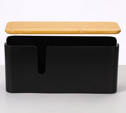 ZhiYo Bamboo Lid Cord Organizer Box, Safe ABS Cable Management Box for TV and Computer, Wood Cover Cord Hider to Hide Wires, Router, USB Hub & Under Desk Power Strip, 1 Pack L13.1 xW5.6 xH5.6 Black