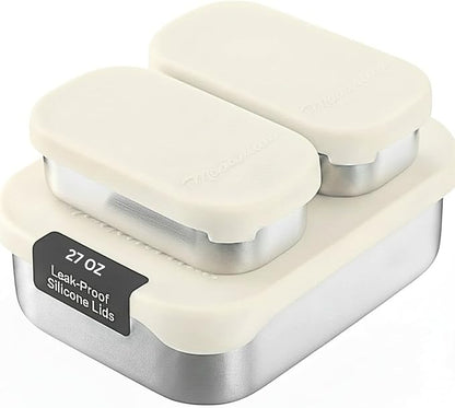 Leak Proof Stainless Steel Lunch Box Containers, Stainless Steel Bento Box, Metal Lunch Box, Sandwich and Snack Containers, SIlicone Lids, Korean Style,Small Vanilla (1 x 27oz + 2 x 6.5 OZ)