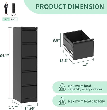5 Drawer File Cabinet, Vertical File Cabinets with Lock for Home Office,Heavy Duty Office Steel Filing Cabinet for Hanging Letters/Legal/A4, Assembly Required (Black)