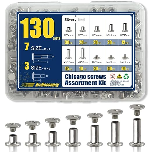 130 Sets Silvery Chicago Screws Leather Rivets Kit, 7 Sizes (M5*4,5,6,8,10,12,15) & 3 Screw Lengths (M4*3,4,5) for Belts, Bookbinding, DIY Leather (Silvery)
