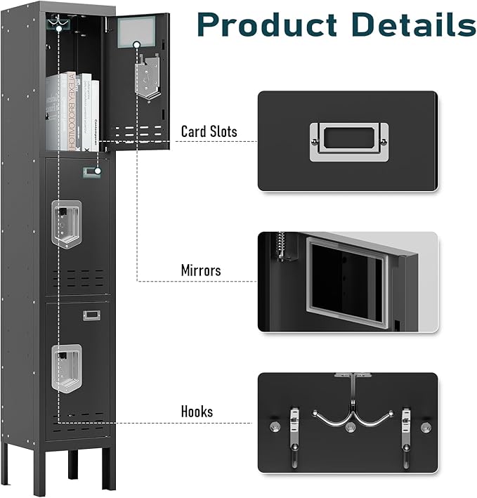 Metal Storage Locker with Lock & Card Slot Locker - Secure Lockable Door - Steel Locker for School, Office, Gym, Home - 66.15" H x 11.8" W x 11.8" D（3 Door, Black）