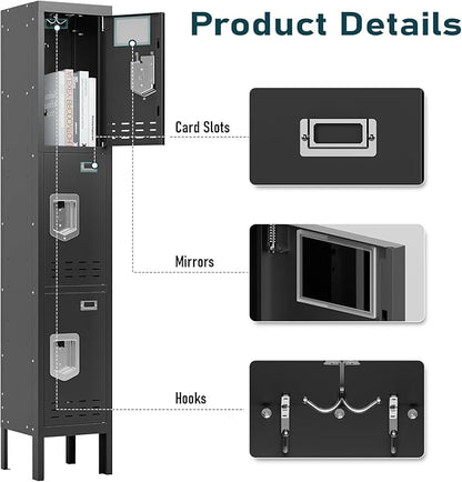 Metal Storage Locker with Lock & Card Slot Locker - Secure Lockable Door - Steel Locker for School, Office, Gym, Home - 66.15" H x 11.8" W x 11.8" D（3 Door, Black）