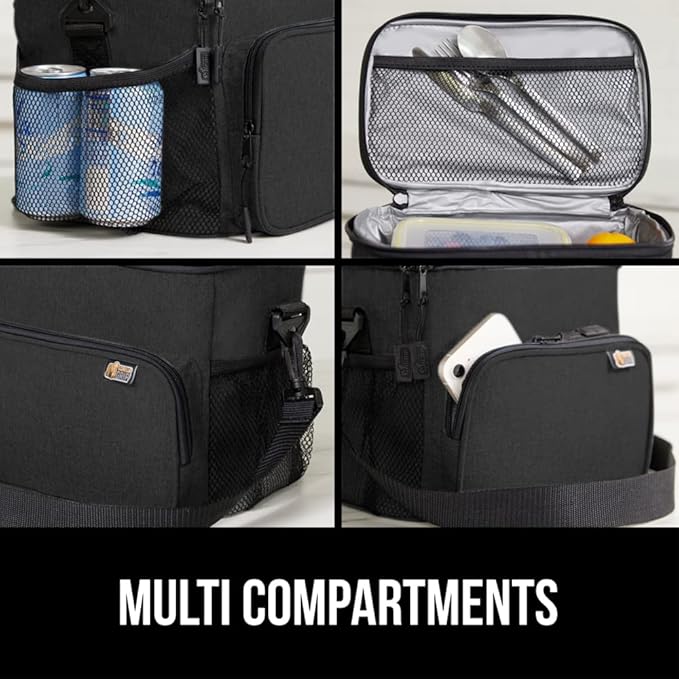 GORILLA GRIP Insulated Lunch Box Bag for Women Men,15L, Leakproof XL Reusable Soft Cooler Bags, Multiple Compartments, Mesh Pockets and Adjustable Strap, Food Tote Keeps Drinks Cold, 13x9, Black