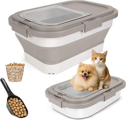 Dog Food Storage Container 10-13lb, Collapsible Pet Food Container with Airtight Lid, Plastic Cat Food Containers Dry Food with Dog Food Scoop and Measuring Cup (Khaki)