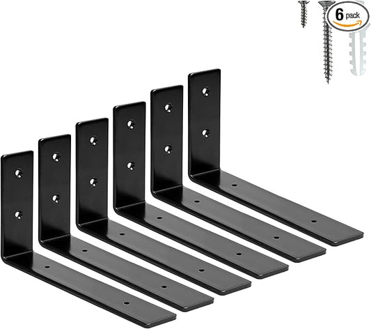 HEART ART 6 Pack Shelf Brackets 8 inch,L Brackets for Shelves,Black Heavy Duty Metal Shelf Brackets,8”x4”x1.4”
