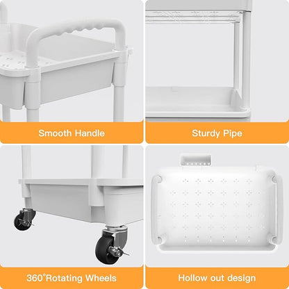 3 Tier Rolling Utility Cart with Handle,REBECAT Utility Cart Made of Multifunctional Storage Organizer Tool for Kitchen,Bathroom,Living Room,Office(White)