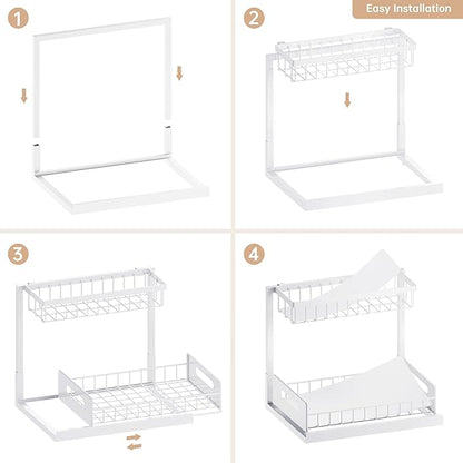VUSIGN 2 Pack Under Sink Organizer and Storage, 2 Tier Under Cabinet Organizer for Bathroom Kitchen with Pull Out Storage Shelf Drawer, White