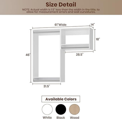ROOMTEC Modular Closet System, 61" Wall-Mounted Closet Organizer with Hanging Rods, Wooden Tower for Walk-In Closets, Wardrobe Storage Kit, White
