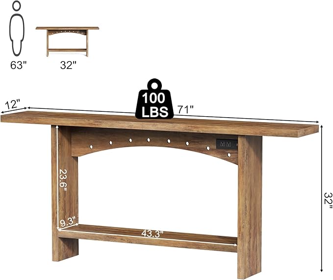 71" Console Table with Charging Station, Farmhouse Entryway Table, Entryway Table with Storage for Living Room or Foyer, Sofa Table for Hallway with Anti-Tip, Easy Assembly, Brown