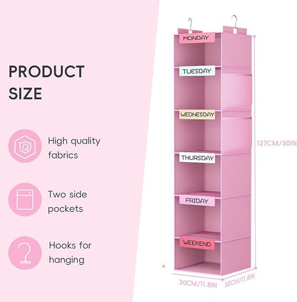 VERONLY Weekly Hanging Closet Organizer for Kids, 6-Shelf Clothes Storage with Labeled Days of The Week Monday Through Friday, Weekday and Weekend, Days of The Week Clothes Organizer