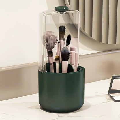 Makeup Brush Holder with Dustproof Cover, Clear 360 Rotating Make Up Brushes Organizer for Counter Vanity Bathroom, Olive Green