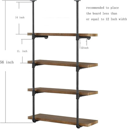 Yuanshikj 2Pc (56" Tall 12" deep 3/4") Industrial Wall Mount Iron Pipe Shelf Shelves Shelving Bracket Black Bookshelf Bookcase DIY Storage Office Kitchen (4Tier Hardware only)