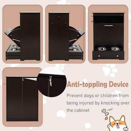 Dog Food Cabinet Feeding Station with 2 Raised Bowls, Pull Out Elevated Dog Bowl, Storage, 3 Hangers, Pet Feeder Toy Leashes Organizer, Brown