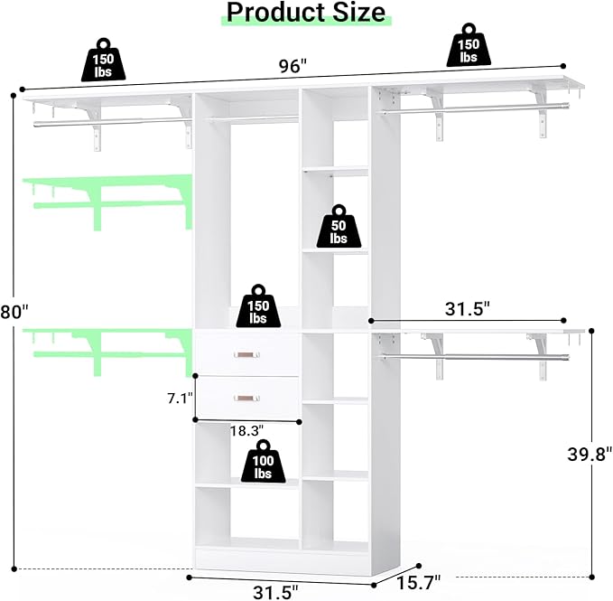 Upgraded 96 Closet System with 18 Storage Place, 8FT Closet Organizers System with 13 Shelves and 2 Wooden Drawers, 96'' Walk-in Closet with 4 Hanging Rods, Adjustable Garment Rack, White