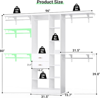 Upgraded 96 Closet System with 18 Storage Place, 8FT Closet Organizers System with 13 Shelves and 2 Wooden Drawers, 96'' Walk-in Closet with 4 Hanging Rods, Adjustable Garment Rack, White