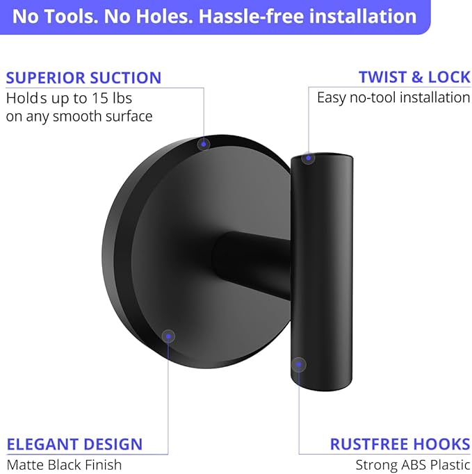 HOME SO Suction Cup Hooks for Shower & Bathroom Towel Holder 2-Pack – Suction Cups Hooks for Hanging Towels, Robes, & Coats - Tiles, Glass Door or Mirror – Shower Hooks & Towel Hooks - Black T-Shape