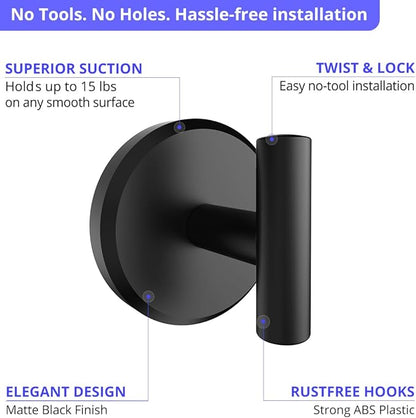 HOME SO Suction Cup Hooks for Shower & Bathroom Towel Holder 2-Pack – Suction Cups Hooks for Hanging Towels, Robes, & Coats - Tiles, Glass Door or Mirror – Shower Hooks & Towel Hooks - Black T-Shape