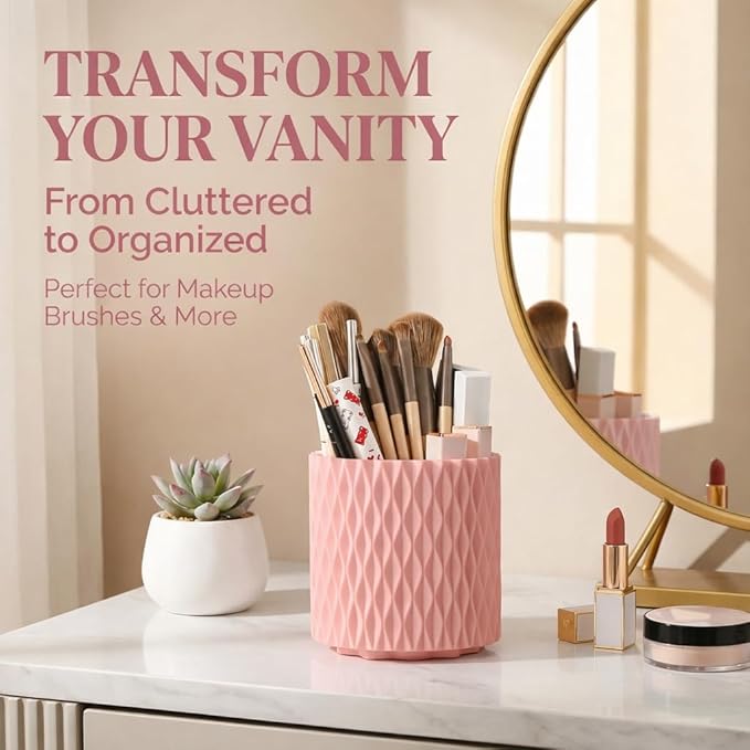 360° Rotating Makeup Brush Holder, 5-Slot Cosmetic Organizer Cup for Vanity, Desk & Bathroom Countertop, Pink